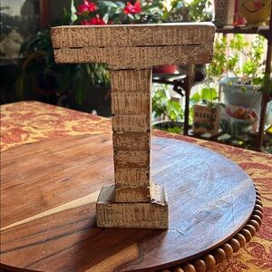 Wooden Block Initial Hand-Carved Rustic Letter “T” Whitewashed Figurine NWT
